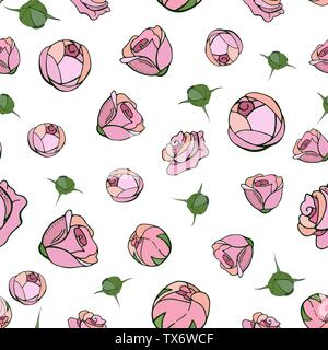 Vector seamless pattern. Endless texture with hand drawn roses and rose buds. Vector elements in pink and green colors isolated on a white background Stock Vector