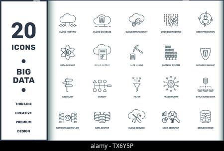 Big Data set icons collection. Includes simple elements such as Cloud Hosting, Cloud Database, Cloud Management, Code Engineering, User Prediction Stock Vector