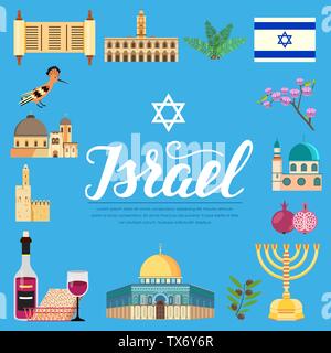 Country Israel travel vacation guide of goods, places and features. Set of architecture, fashion, people, items, nature background concept. Infographic template design on flat style