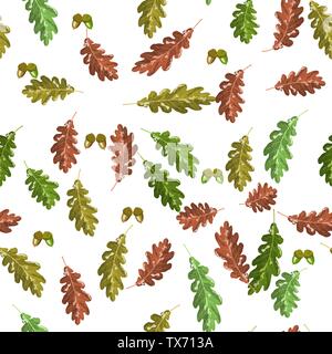 Oak accorn and green brown red leafs seamless pattern autumn background Stock Vector