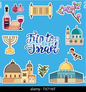 Country Israel travel vacation guide of goods, places and features. Set of architecture, fashion, people, items, nature background concept. Infographic template design on flat sticker style