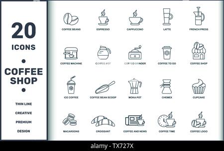 Coffe Shop set icons collection. Includes simple elements such as Coffee Beans, Espresso, Cappuccino, Latte, French Press, Coffee Bean Scoop and Moka Stock Vector