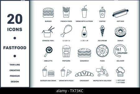 Fastfood icons thin line set collection. Includes creative elements such as Burger, French Fries, Drink With A Straw, Coffee, Hot Dog, Pizza and Stock Vector