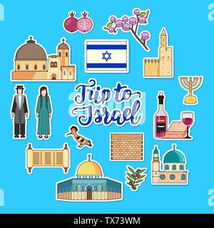 Country Israel travel vacation guide of goods, places and features. Set of architecture, fashion, people, items, nature background concept. Circle template design on flat sticker style