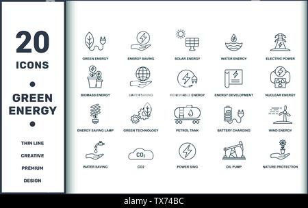 Power And Energy icons thin line set collection. Includes creative elements such as Green Energy, Energy Saving, Solar Energy, Water Energy, Green Stock Vector