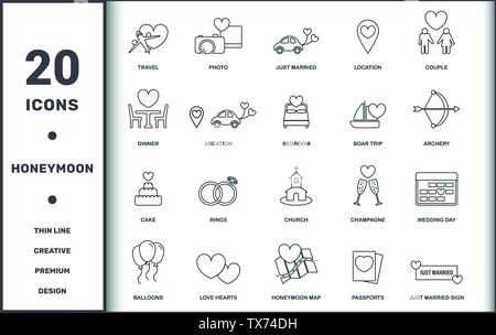 Honeymoon icons thin line set collection. Includes creative elements such as Travel, Photo, Just Married, Location, Couple, Euphile Tower and Church Stock Vector