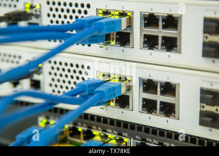 Network security equipment. Cybersecurity infrastructure. Ethernet, wired transmission. Stock Photo