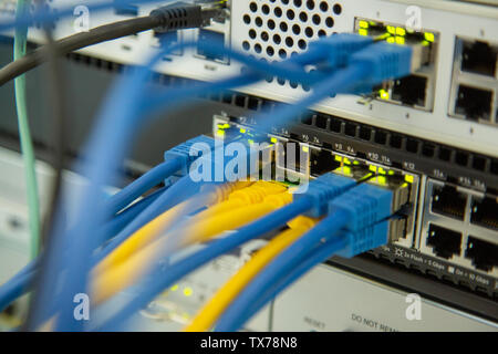Network security equipment. Cybersecurity infrastructure. Ethernet, wired transmission. Stock Photo