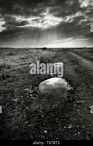 Bodmin moor after storm,dark sky sun breaking through on to granite stones and puddles on Bodmin moor, Stock Photo