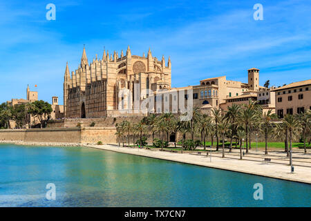 View of Parc de la Mar and famous Cathedral of Santa Maria under blues sky in Palma de Mallorca, Spain. Stock Photo