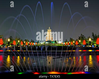 Music Fountain of Big Wild Goose Pagoda in Xi'an, Shaanxi Province Stock Photo