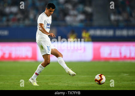 Colombian football player Giovanni Moreno of Shanghai Greenland Shenhua dribbles against Jiangsu Suning in their 14th round match during the 2019 Chinese Football Association Super League (CSL) in Nanjing city, east China's Jiangsu province, 21 June 2019. Shanghai Greenland Shenhua defeated Jiangsu Suning 1-0. Stock Photo