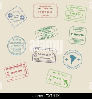 Set of International travel visas passport stamp icons for entering to Australia, Thailand, Brazil, Canada, Cuba, Hong Kong, Indonesia, Vietnam Stock Vector