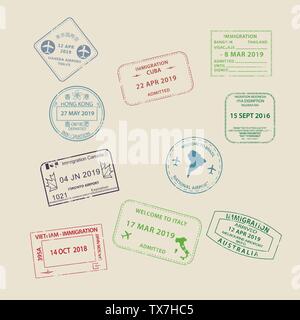 Set of International travel visas passport stamp icons for entering to Australia, Thailand, Brazil, Canada, Cuba, Hong Kong, Indonesia, Vietnam with g Stock Vector