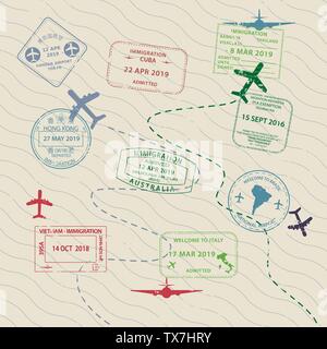 Set of International travel visas passport stamp icons for on traveller background Stock Vector