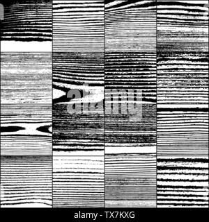 Set of Vector Realistic Wooden Texture. Black and White Grunge Background. Overlay Grainy Textured. Dark Rough Noise Particles. Illustration, EPS 10. Stock Vector