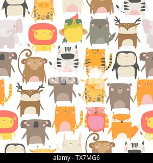 Seamless pattern with cute animals on white background Stock Vector