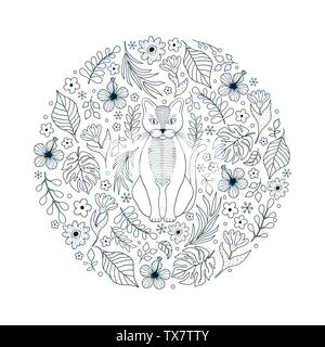 pattern with cat and flowers Stock Vector