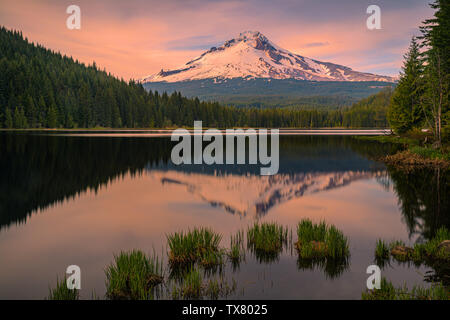 Sunset at Mount Hood as seen from Trillium Lake., Oeregon, United States Stock Photo