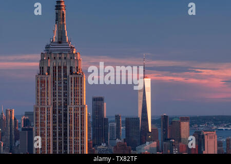 The Empire State Building and One World Trade Center at sunset, New York, USA Stock Photo