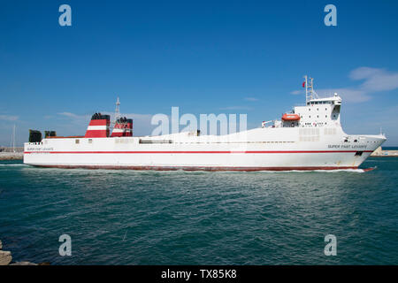 Super Fast Levante ferry ship from the Trasmediterranea company arriving at the Port of Barcelona. Stock Photo