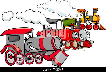 Cartoon Illustration of Steam Engine Locomotive Transport Characters Group Stock Vector