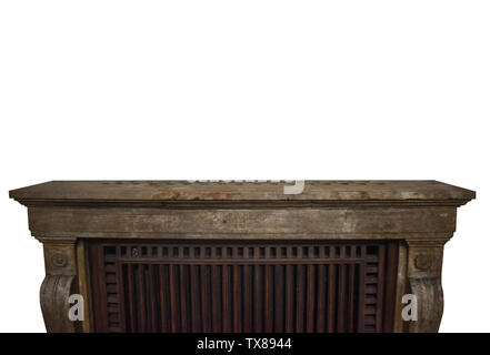 Antique marble and wooden shelf isolated on white background with free copy space for artwork design. Vintage wall shelf in Rocco architectural style Stock Photo