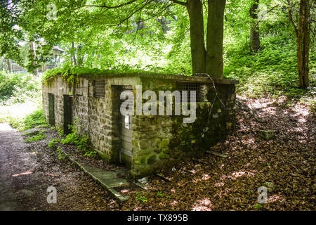 Chemical shed hidden in the forest near the research institue hospital with warning chemical danger sign on the door. Toxic garbage in the creepy grun Stock Photo