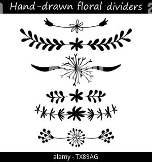 Hand drawn vector dividers. Lines, borders and laurels set. Doodle design elements. Stock Vector