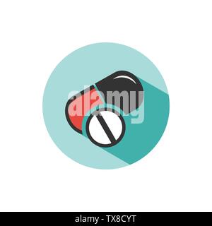 Pills color icon with shade on a green circle. Medicine vector illustration Stock Vector