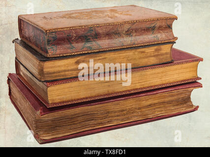stack of aged and golden paged books Stock Photo