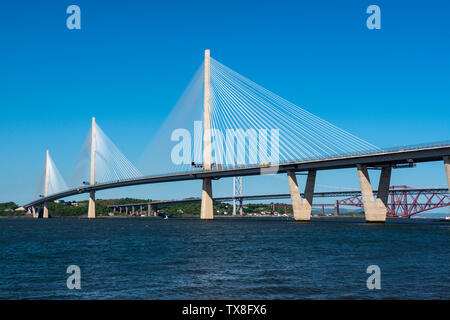 New Queensferry Crossing road bridge, with Forth Road Bridge and Forth Railway Bridge in background, viewed from South Queensferry, Scotland, UK