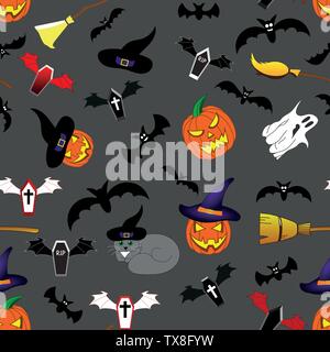 Seamless Pattern with Halloween Elements for Your Design. Pumpkin, Ghost, Cat, Hat, Broom, Coffins. Vector Illustration. Stock Vector
