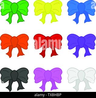 Set of Cartoon Gift Bows isolated on white background. Colored Bows for Gift Birthday, Christmas Silk Bow. Vector Illustration for Your Design, Game, Stock Vector