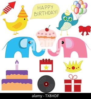 Set of Different Birthday Party Elements isolated on white background. Cake, Firework, Balloons, Gifts. Vector Illustration for Your Design, Game, Car Stock Vector
