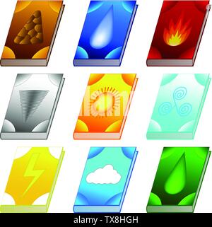 Set of Spell books for Your Design, Game, Card. Ancient books with alchemy recipes and mystic spells and enchantments. Isolated GUI design elements. V Stock Vector