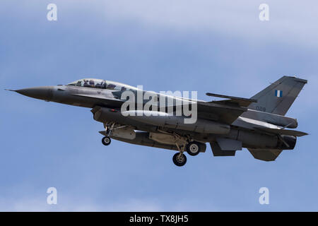 The F-16 fighter at the 2016 NATO Tiger Air Show belongs to the Greek Air Force and model F-16C / D Block 52. It's a newer batch of F - 16 fighters. The fighter is a potential opponent with the F-16C / D Block 50 fighter jets of the neighbouring Turkish Air Force. Stock Photo