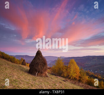 Autumn landscape with a beautiful sky and clouds. Stack dry hay in the meadow in a mountain village. Birch forest on the slopes. Amazing dawn. Carpath Stock Photo