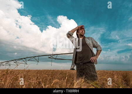 Worried farmer standing in ripe cultivated barley field while the strong wind is blowing, hoping for a better weather Stock Photo