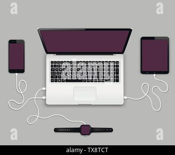 Smartphone, tablet pc and smartwatch connected to laptop computer Stock Vector