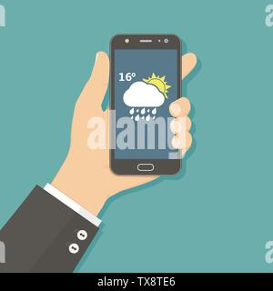 Flat design concept with hand holding mobile phone with weather app Stock Vector