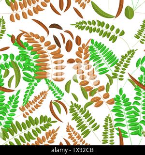 Seamless pattern with green and ginger acacia leaves isolated on white on background. Vector illustration, autumn, acacia, leaves decoration and inter Stock Vector