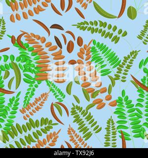 Seamless pattern with green and brown acacia leaves on light blue background. Vector illustration, autumn, acacia, leaves. Stock Vector