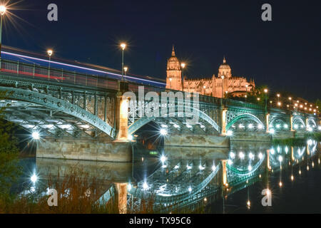 Views from the riverside of the cathedral of Salamanca and the bridge Stock Photo