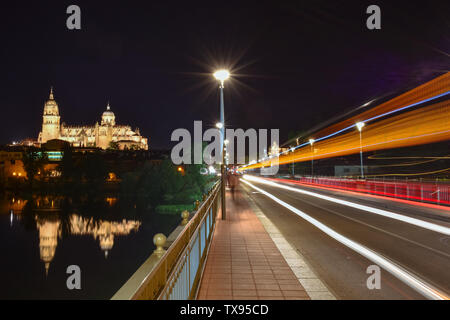 Views from the riverside of the cathedral of Salamanca and the bridge Stock Photo