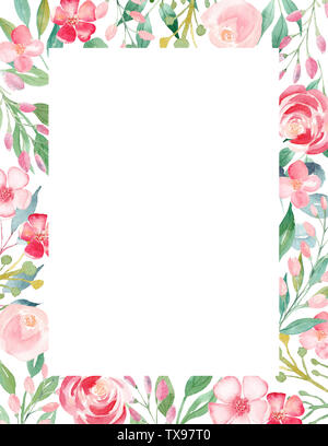 Flowers watercolor hand drawn raster frame template. Blooming floral rectangle shaped border with copyspace. Rose and cherry blossom greeting card dec Stock Photo