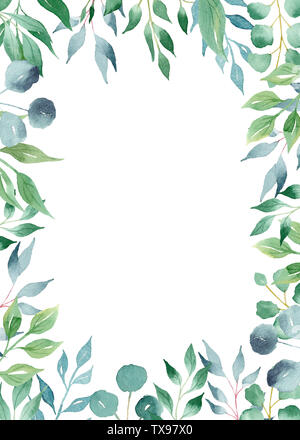 frame with eucalyptus branches.green floral border.postcard.watercolor hand  drawn illustration. Stock Illustration