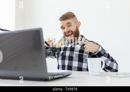 Radio host, streamer and blogger concept - radio dj working at studio Stock Photo