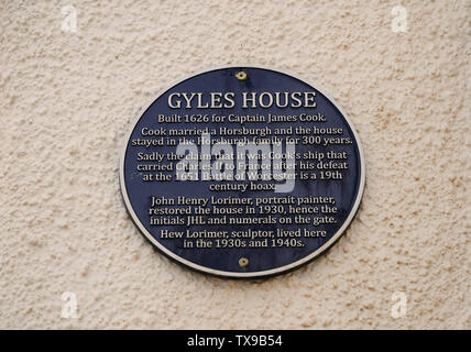 Gyles house in the scottish village of Pittenween was built, as the blue plaque says, was built for a Capt. James Cook, NOT the English Capt. Cook! Stock Photo