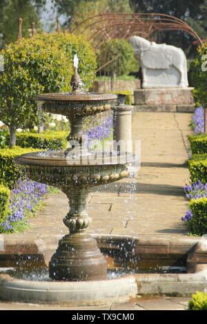 Buxus. Box hedging seen from the fountain in the Rose Garden at Belvoir Castle, England, UK Stock Photo